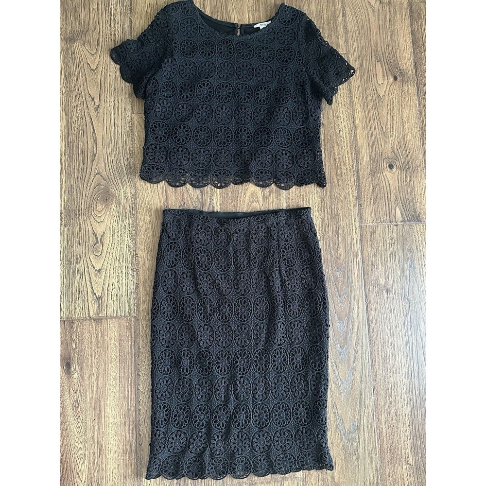 Bar III Black Crochet Lace 2 Piece Set Women’s L/M Crop Top Pencil Skirt